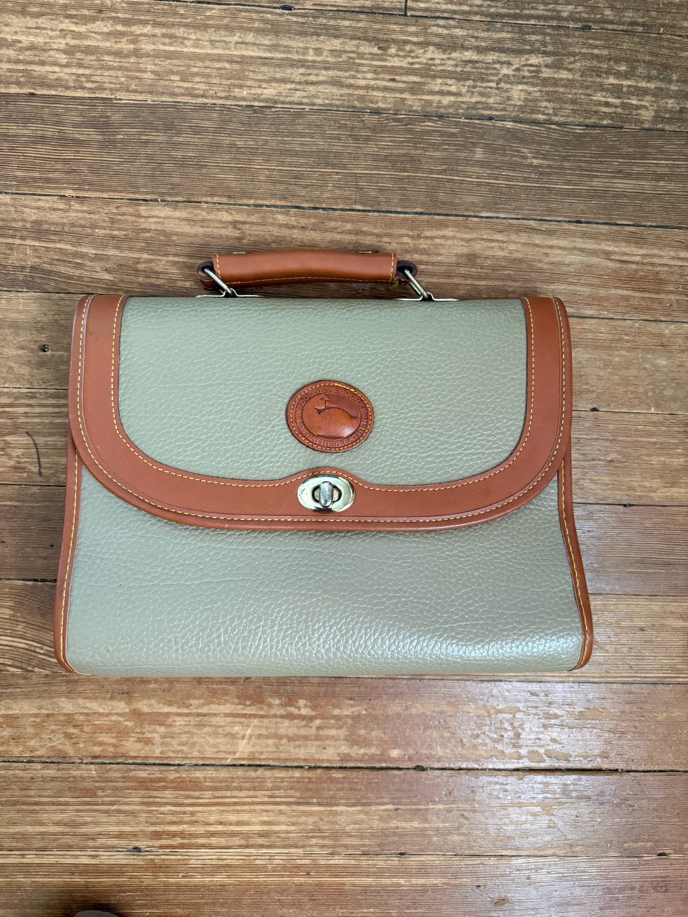 Dooney & Bourke Green Gray Pebbled Leather Briefcase Bag with Tan Trim